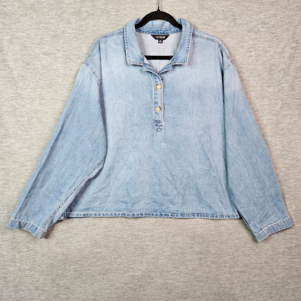J.Crew Denim Popover Shirt Womens 2X Blue Light Wash Cotton Long Sleeve Blouse